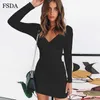 Casual Dresses FSDA Wrap V Neck Ruched Bodycon Dress Women Långärmad Sexig fest Backless Black Red White Autumn Winter Mini Dresses Z0216