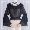 Blusas femininas lolita chiffon blusa de blusa de top halteves de mangas compridas pescoço de camisa de camiseta plissada com babados de camisa de ombro com babados com bagunça