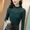 Women's Blouses TingYiLi Ruffle Stand Collar Polka Dot Mesh Top Women Spring Sheer Long Sleeve Sexy Blouse Korean Style Ladies Green Black