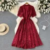 Casual Dresses Vintage Women Red Short Sleeved Maxi Dress 2023 Summer Polo Collar Floral Print Formal Party Midi Temperament Robes