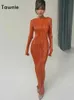 Casual jurken tawnie 2023 Lente zomer y2k oranje bodycon maxi jurk vrouwen elegante lange mouw geplooide jurk casual slanke plisse jurken z0216