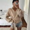 Women's Sweaters Sweater Autumn Winter Warm Casual Loose V-Neck Cardigan Lace Up Bow Solid Color Female Coat Knitwear