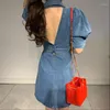 Vestidos casuais Vintage Buff Sleeve Duple Basted Denim Denim Mulheres Backless Sexy Bodycon Bodycon Belted Party