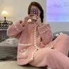 Women's Sleepwear Thick Warm Pajama Set Women Winter Flannel Sleepwear 2 Pcs/Lot Coral Fleece V-Neck Long-Sleeved Trousers Homewear 230303