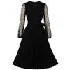 Повседневные платья летние женщины с длинными рукавами Midi 2023 винтажные элегантные офисные леди черная точка женская мода Ретро плиссированное платье