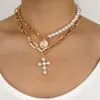 Choker Fashion Vintage Carved Coin Pearl Cross Pendant Necklace For Women Esthetic Retro Collar ClaVicle Chain