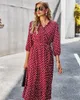 Casual Dresses Polka Dot Midi Dress for Women Spring Fashion Three Quarter V Neck With Belt Elegant Ladies Boho Beach Vestidos