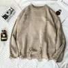 Women's Sweaters Wash Hole Ripped Knit Sweaters Men Women Streetwear Hip Hop Pullovers Jumper Fashion Oversized All-match Men Winter Clothes 230303