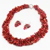 Ketting oorbellen set mode dames oorring sieraden natuursteen rood koraal 9-11 mm onregelmatige grind chip kralen kettingen 18 "a68