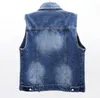 Women's Vests 5XL!Women Spring Summet Heavy Work Pearl Beading Denim Vest Hole Sleeveless Jean Jacket Single-breasted Casual