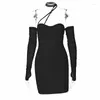 Abiti casual Mini abito pieghettato senza spalline in rete Abito da donna a maniche lunghe con spalle scoperte Coulisse Night Club Party Vestido femminile elegante sexy