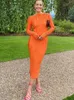 Casual Dresses Tawnie 2023 Spring Summer Y2K Orange Bodycon Maxi Dress Women Elegant Long Sleeve Pleated Dress Casual Slim Plisse Dresses Z0216