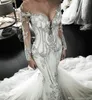 Långa ärmar sjöjungfru bröllopsklänningar glittrande kristallpärlade lyx plus storlek brudklänning sveptåg ren juvel hals vestido de novia skräddarsydd bc0446