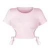 T-shirt à manches courtes et col rond pour femme, couleur unie, Sexy, nombril, haut avec bretelles latérales, vente en gros, 2023