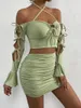 Work Dresses 2 PCS Sexy Lace Up Mini Dress Halter Long Sleeve Cut Out Top Skirts Party Club Short Bodycon Women Ruched D090