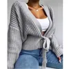 Suéteres femininos suéter outono inverno acolhedor casual solto cardigan lace up arco cor de cor sólida malha feminina malha