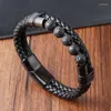 Bedelarmbanden heren kralen lederen armband natuursteen zwarte kralen multilayer touw roestvrijstalen magnetische clasp polsband mannetje