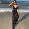 Vestidos casuais Hawthaw Mulheres outono Summer Polka Dot sem mangas sem mangas veja através de vestido longo preto vestido 2021 Roupas de outono Streetwear Z0216