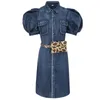 Robes décontractées femmes robe en jean 2023 été manches bouffantes Style Preppy rétro mince a-ligne