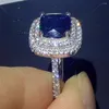 Anillos de racimo tamaño 5-10 joyería de gota impresionante plata de ley 925 forma de cojín relleno azul 5A CZ conjunto de anillos de boda para mujer