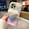 3D Love Heart Stripes Fluffy Fur Cases für iPhone 15 14 Pro Max 13 12 11 XR XS X 8 7 Plus Fashion Soft TPU Rainbow Animal Bling Diamond Echtes Kaninchenhaar Cute Lovely Cover