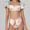 Women's Swimwear Leaves Printed Bikini Puff Sleeve Split-joint Two-piece Swimsuit Separate Bandeau and Summer Dress High Waist Swimwear Beachwear T230303