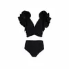 Women's Swimwear Solid Color Deep V-neck Ruffled Split Swimsuit Tankini Women Swimming Suit Two Pieces Sexy Black Plus Size Summer Beachwear 2022 T230303