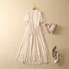 2023 Spring Apricot Floral Print Tulle Tiered Dress Short Sleeve Round Neck Sequins Midi Casual Dresses S3M020302