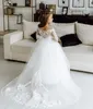 В наличии платья для девочек-цветочниц, прозрачное кружевное платье с длинными рукавами и аппликацией, детское свадебное платье на день рождения MC2308