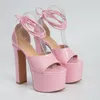 Sandały 15 cm Chunky Heels Platforma Kobiety 7 cm platformy Czarny Gladiator Pink Cross Strappy Summer Party Shoes Sandalen