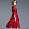 Casual Dresses Women Spring Autumn Fashion Floral Lace Dress O Neck 3/4 Sleeve Plus Size 5xl Slim Black Female Elegant Evening Party