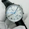 Wristwatches Luxury Mens Mechanical Watch Black Leather Strap Automatic White Dial Blue Hands Male