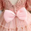 Girl's Dresses Girls 'paljett Bubble Sleeve Princess Kjol 2023 Ny high-end mode Sweet Puffy kjol Banket värd Baby Birthday Party Dress W0224