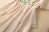 2023 Spring Abricot Cloral Print Tuled Платье с короткими рукавами круглое шею