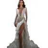 Sexy Deep V Neck Mermaid Trouwjurken Ruches High Split Bridal Jurken Custom Made Pearls Tiered Dress Vestido de Novia