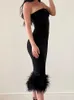 Casual Dresses Elegant Feather Black Party Dresses Women 2022 Strapless Backless Bodycon Summer Dress Female Sexy Sheath Corset Top Midi Robe Z0216