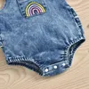 Jumpsuits 018m Rainbow Playsuits Soft Infant Girls Ruffles Romper Cotton Babies Girls Denim Bodysuits With Headband 2st Summer Clothing 230303