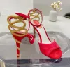 2023 With Box Brand Renecaovilla Morgana Sandals Shoes Women Gold Crystal Snake Wrapped Waterproof Taiwan Lady High Heels Party Wedding Dress Gladiator