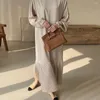 Casual Dresses Japanese Fashion Solid Color Autumn 2023 Long Dress Loose Pleated Round Neck Women Straight Sleeve