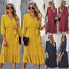 Casual Dresses Polka Dot Midi Dress for Women Spring Fashion Three Quarter V Neck With Belt Elegant Ladies Boho Beach Vestidos