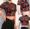 Tamas de colheita pura sexy feminina Flame See através do Devil Mesh Tee Blusa BodyCon Manga curta o Neck Clubwear Black