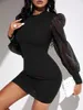 Повседневные платья LFRVZ 2023 Spring Classic Black Young Sexy Office Lady Simple Round Shece Full Eleve Женщины с высокой талией короткое платье скинни