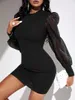 Vestidos casuais lfrvz 2023 clássico clássico preto jovem escritório sexy lady lady simples pescoço redondo manga cheia cora de cintura alta vestido skinny curto