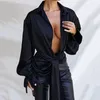 Blouses voor dames sexy shirts voor vrouwen 2023 herfst collared shirt met lange mouwen losse openste steek blouse elegante satijnen top zwarte vlinderdas vooraan