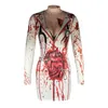 Casual Dresses Women Halloween Long Sleeve Dress With Bloody Print Deep V Neck Organ Pattern Holiday Clothing