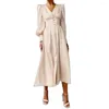 Casual Dresses Elegant Women Midi Satin Fabric Long Dress Lantern Sleeve Autumn Vintage Single Breasted Luxury V Neck Slim Fit Vetsidos