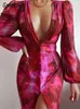 Casual Dresses Floral Print V Neck Sexy BodyCon Long Dress Women Long Sleeve SingleBreasted Dresses 2022 Spring Female Party Beach Vestidos Z0216