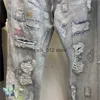 Mäns jeans tunga industrin High Street Knivklippta rippade hål för att förstöra broderade brev oändliga jeans män T230303