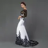 White Black Mermaid Evening gowns With Illusion Long Sleeve African Formal Evening Dresses For Mother Runway Fashion