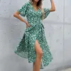 Vestidos casuais khalee yose vestido de embrulho estampado floral boho vintage outono chic mulheres verde dividir vasta vil de férias sexy mulheres mulheres